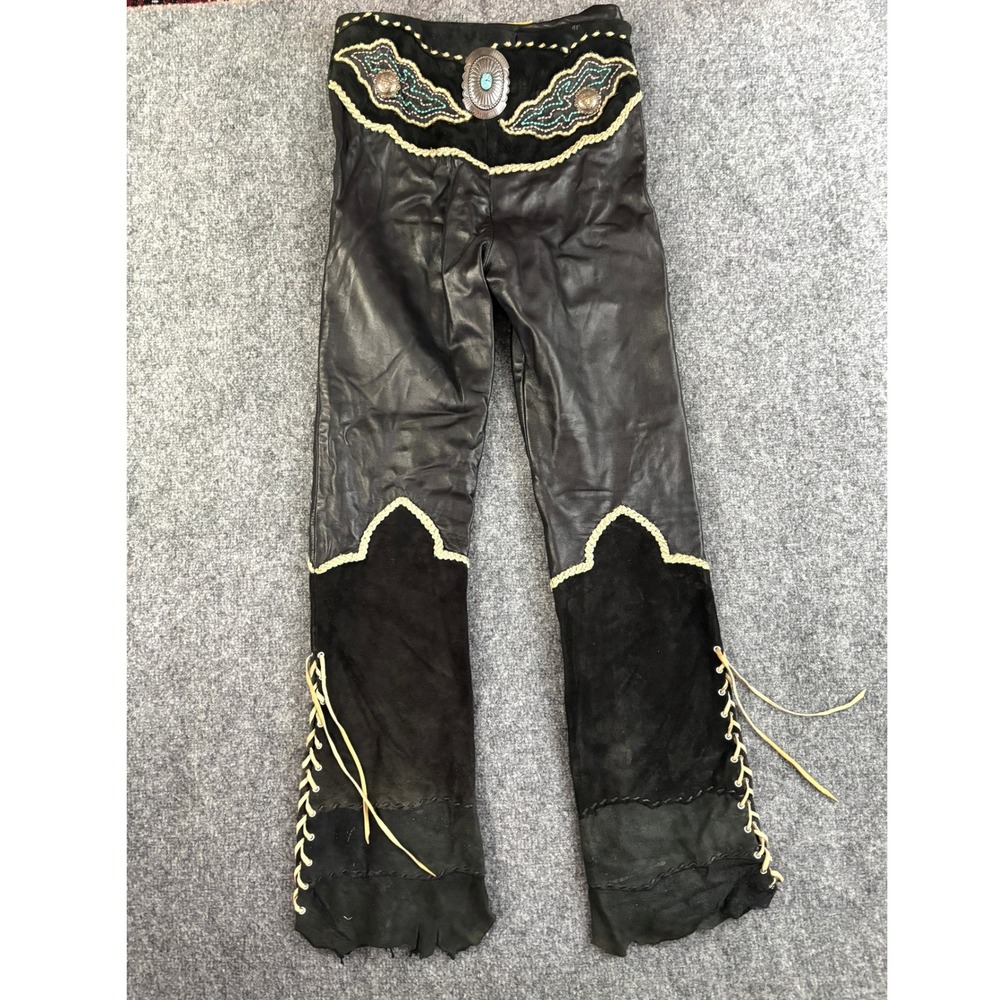 Michelle Julene Couture Leather Pants Concho Western Beaded Rare Boho Black VTG - Picture 2 of 16